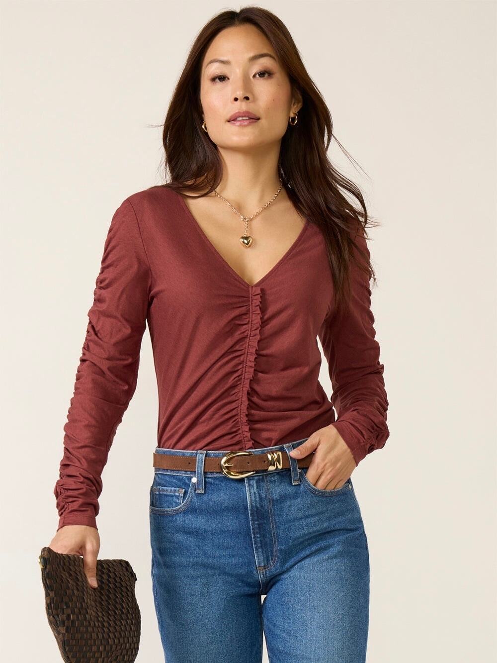 Nation LTD Brown Collette Pima Cotton Ruched Front Top Sz.XS